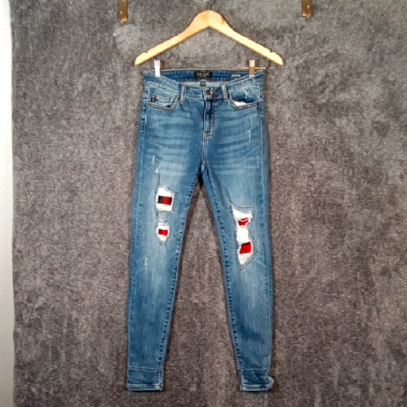 Judy Blue Buffalo Plaid Mid Rise Distressed Womens Pants Size 27 - Picture 1 of 10